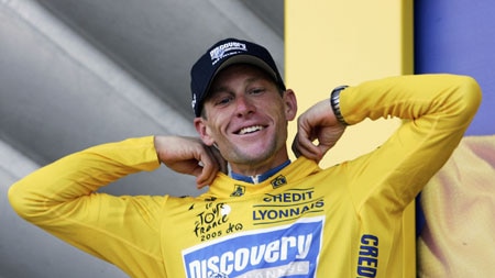 Familiar scene ... Lance Armstrong wearing the yellow jersey after his win in the 20th stage