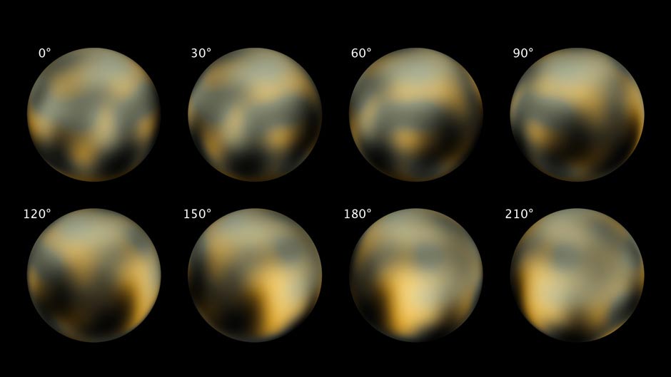Faces of Pluto constructed from NASA Hubble Space Telescope photographs taken from 2002 to 2003.