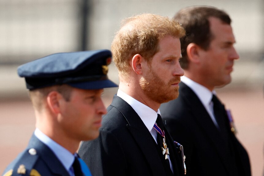 Prince Harry is in focus walking next to Prince William. 