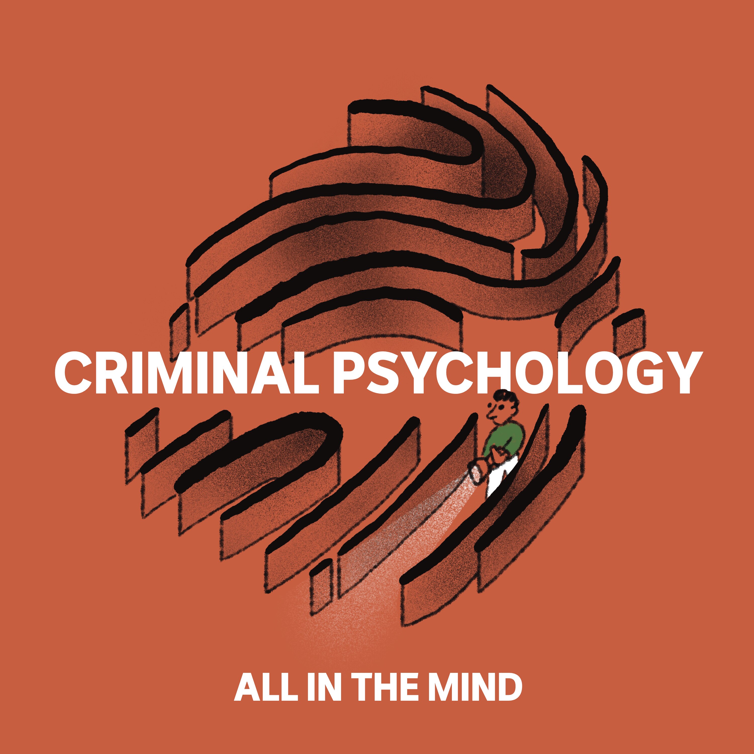Illustration of a person in a maze shaped like a human fingerprint. The title Criminal Psychology is written across the artwork.