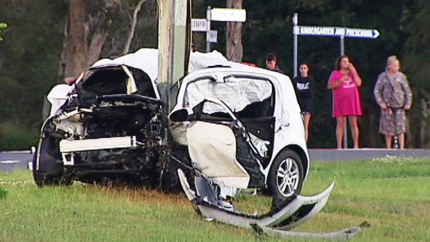 Two people died when this car hit a power pole at Deception Bay