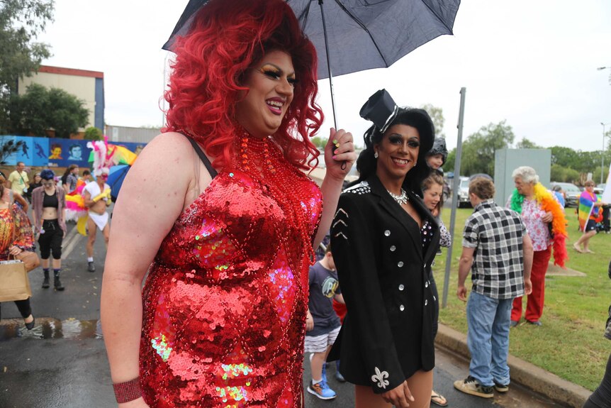 Drag queens Shalita Buffett and Jojo and the gay pride march in Dubbo.