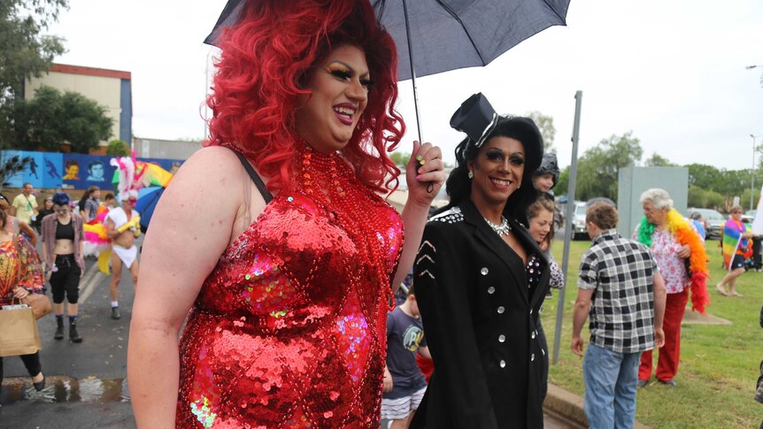 Drag queens Shalita Buffett and Jojo and the gay pride march in Dubbo.