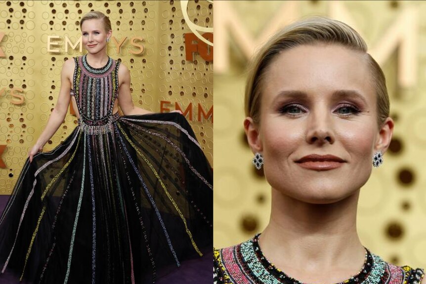 Kristen Bell holds her black sheer dress up for the cameras and smiles in a close up in a composite image.