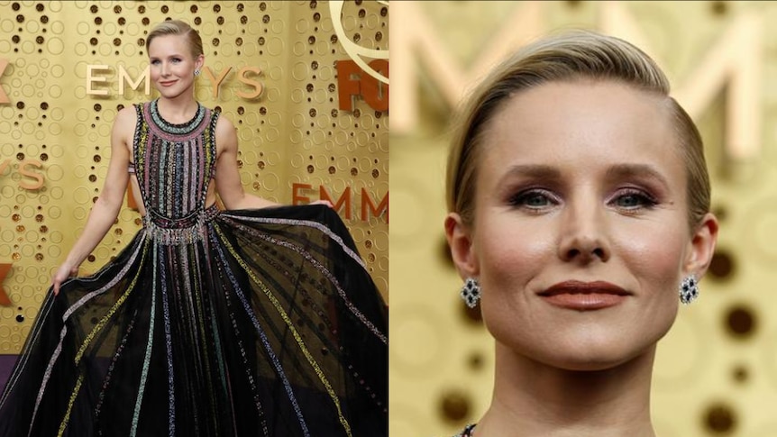 Kristen Bell holds her black sheer dress up for the cameras and smiles in a close up in a composite image.