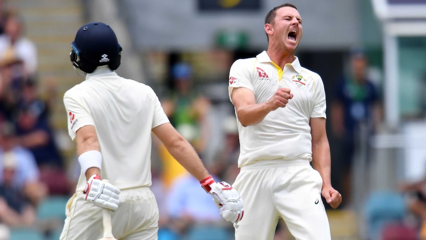 Australia fast bowler Josh Hazlewood roars in delight after dismissing England captain Joe Root.