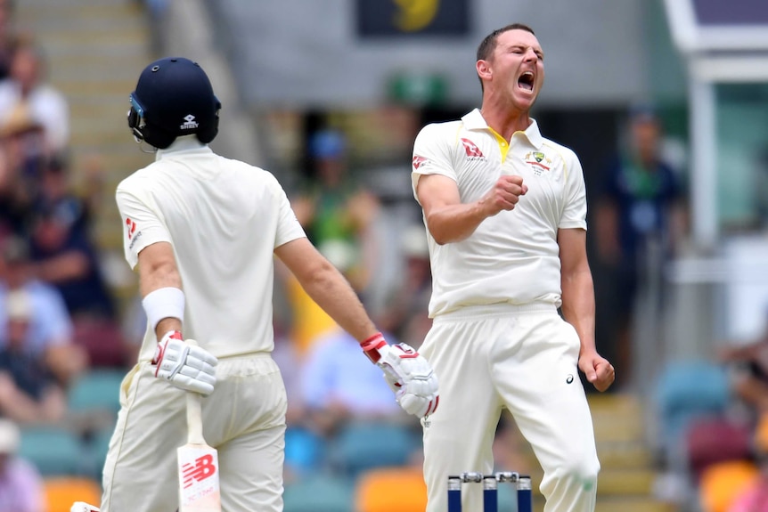 Australia fast bowler Josh Hazlewood roars in delight after dismissing England captain Joe Root.