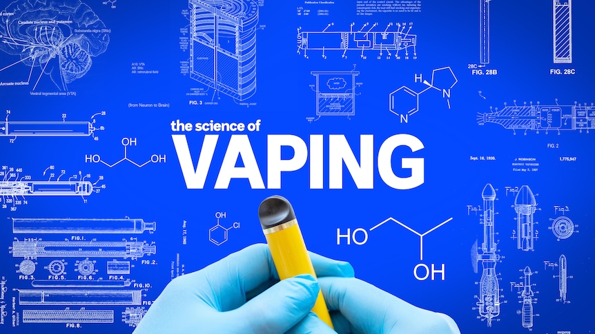 Someone with disposable gloves holding a vape pen in front of a screen of complicated scientific diagrams.