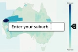 A map of Australia is overlaid with a search box containing the words "Enter your suburb"