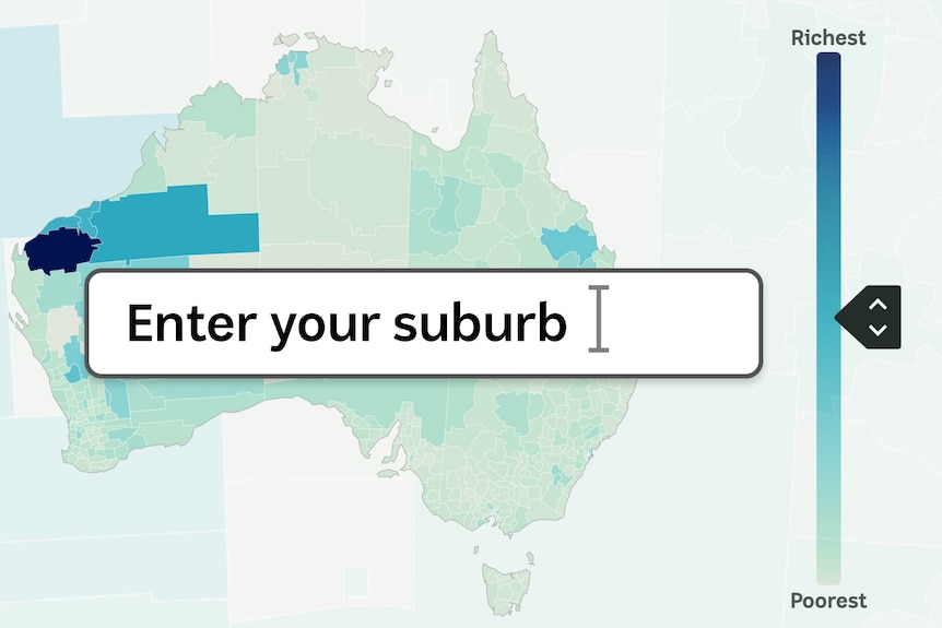 A map of Australia is overlaid with a search box containing the words "Enter your suburb"