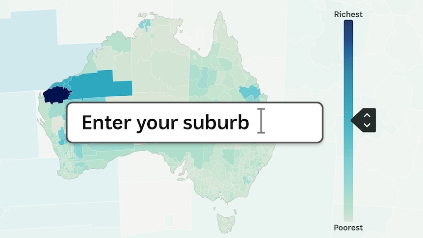 A map of Australia is overlaid with a search box containing the words "Enter your suburb"