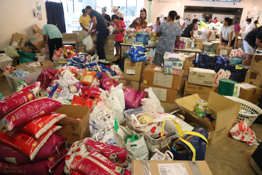 A community hall in Darwin filled with boxes of donations to Timor-Leste, April 2021.