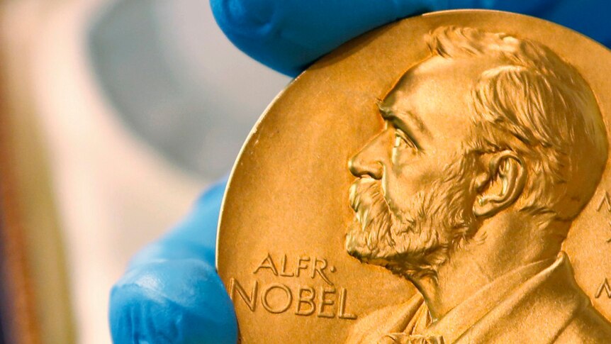 A close up image of a gold Nobel prize medal, showing the embossed face of Alfred Nobel in profile.