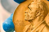 A close up image of a gold Nobel prize medal, showing the embossed face of Alfred Nobel in profile.