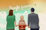 An illustration of a family holding hands, looking at skywriting that reads 'Bright future'