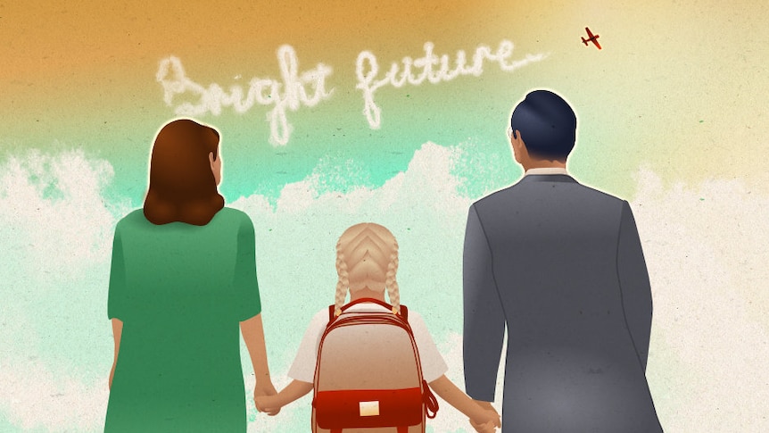 An illustration of a family holding hands, looking at skywriting that reads 'Bright future'
