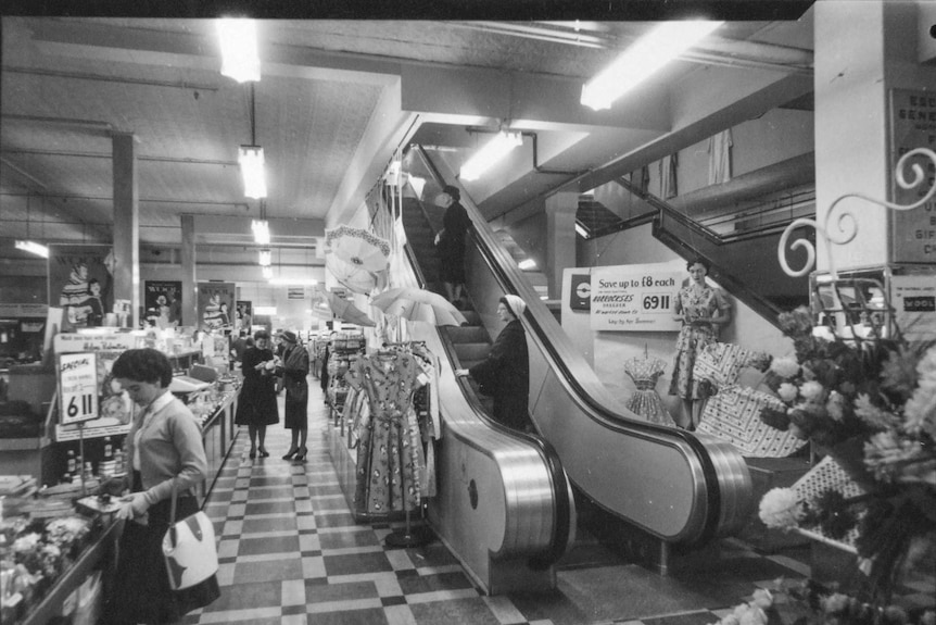 Black and white photograph of an escalator in a department store in the 1960s