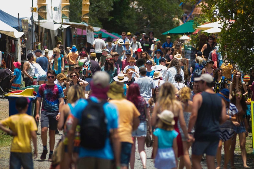 Busy street at Woodford Folk Festival