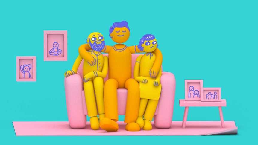 Illustration of a grown son and parents sitting on a couch