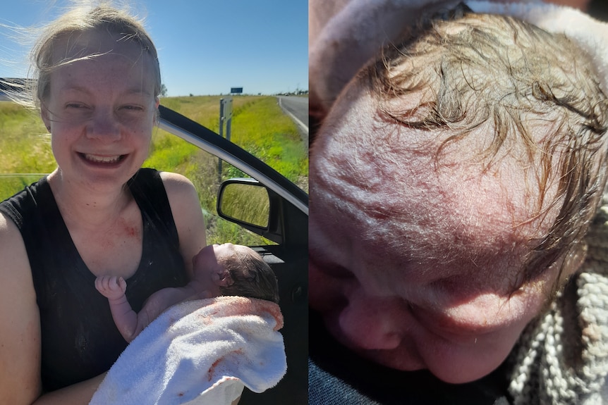 A composite image of a woman holding a newly born baby in a blanket and a close-up picture of the baby that was just born.