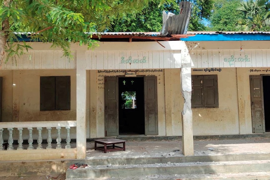 Front of a school that was attacked in Myanmar