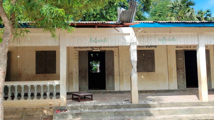 Front of a school that has been attacked in Myanmar