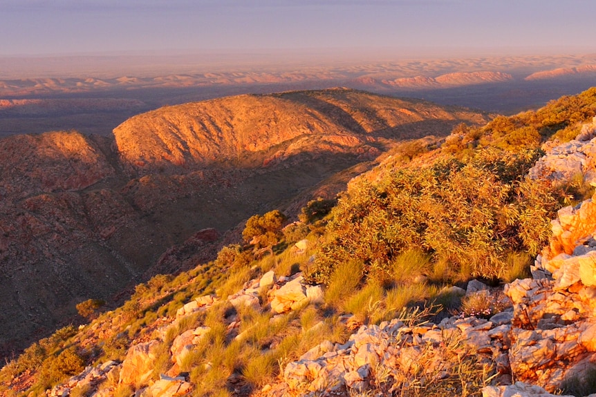 An aerial view of a mountain range glowing like gold.