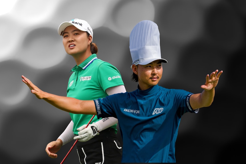 Composite female golfer in green shirt holding club next to male golfer with hands out wide wearing a chef hat