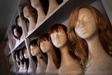 Shelves full of mannequin heads wearing wigs of various styles in the ABC's props room.