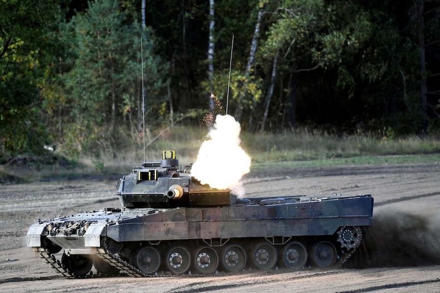 A Leopard 2 tank of German army Bundeswehr takes part in an exercise.