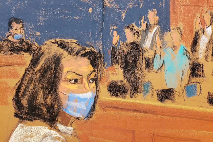 A court sketch shows Ghislaine Maxwell, a brunette woman wearing a disposable face mask, sitting in a court room