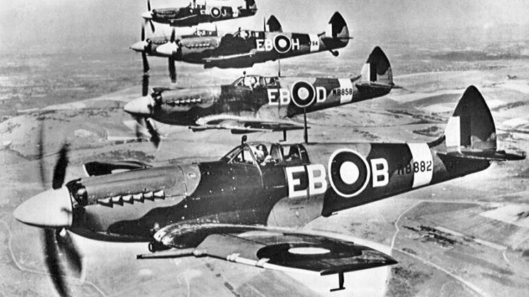 A historical photo of a squadron of Supermarine Spitfire F Mk XIIs.