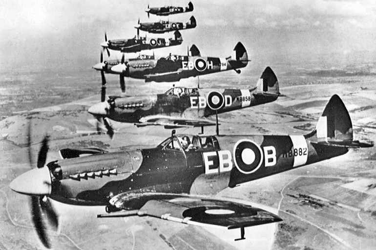 A historical photo of a squadron of Supermarine Spitfire F Mk XIIs.