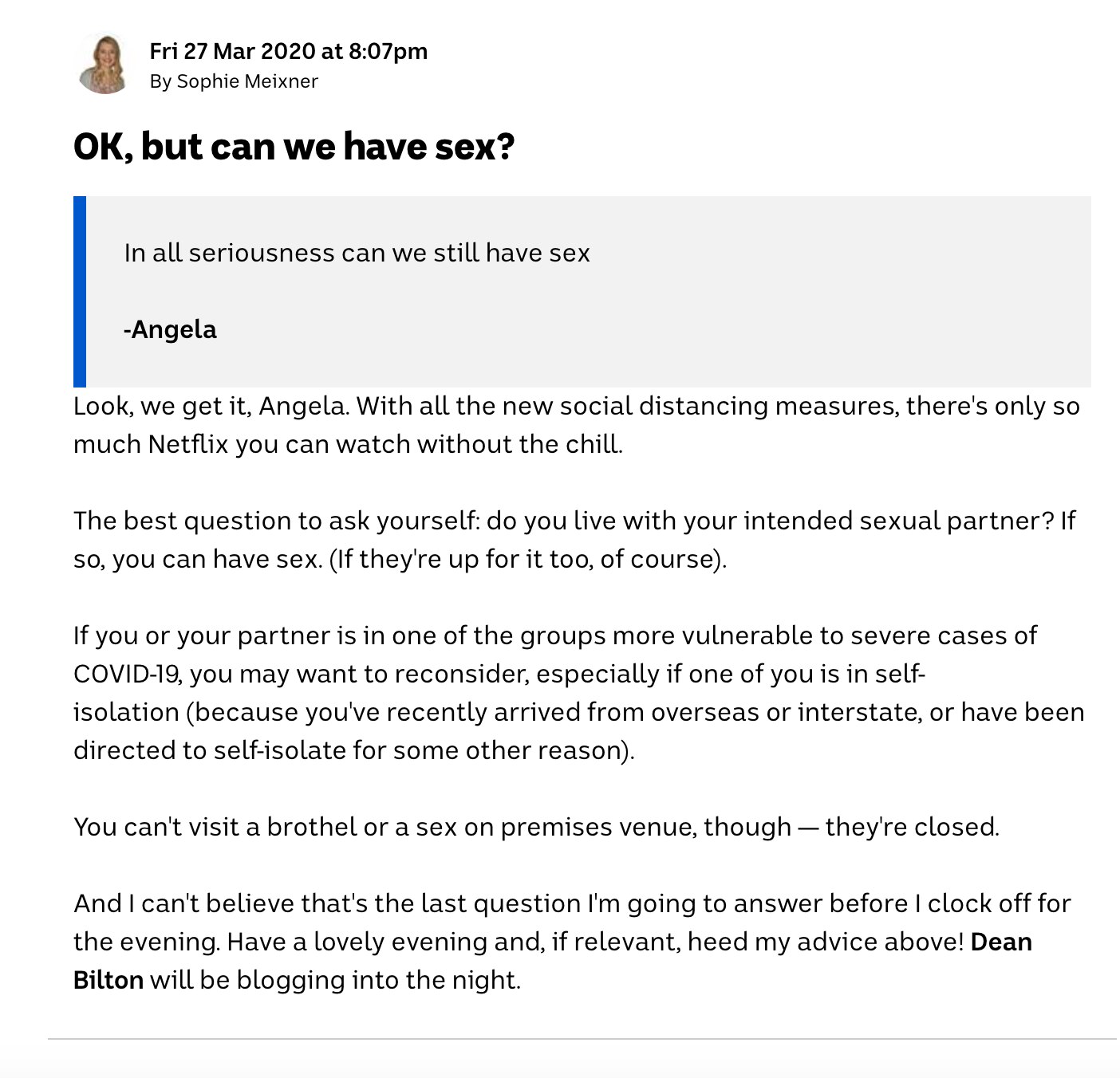 Blog post asking if we can still have sex during coronavirus.
