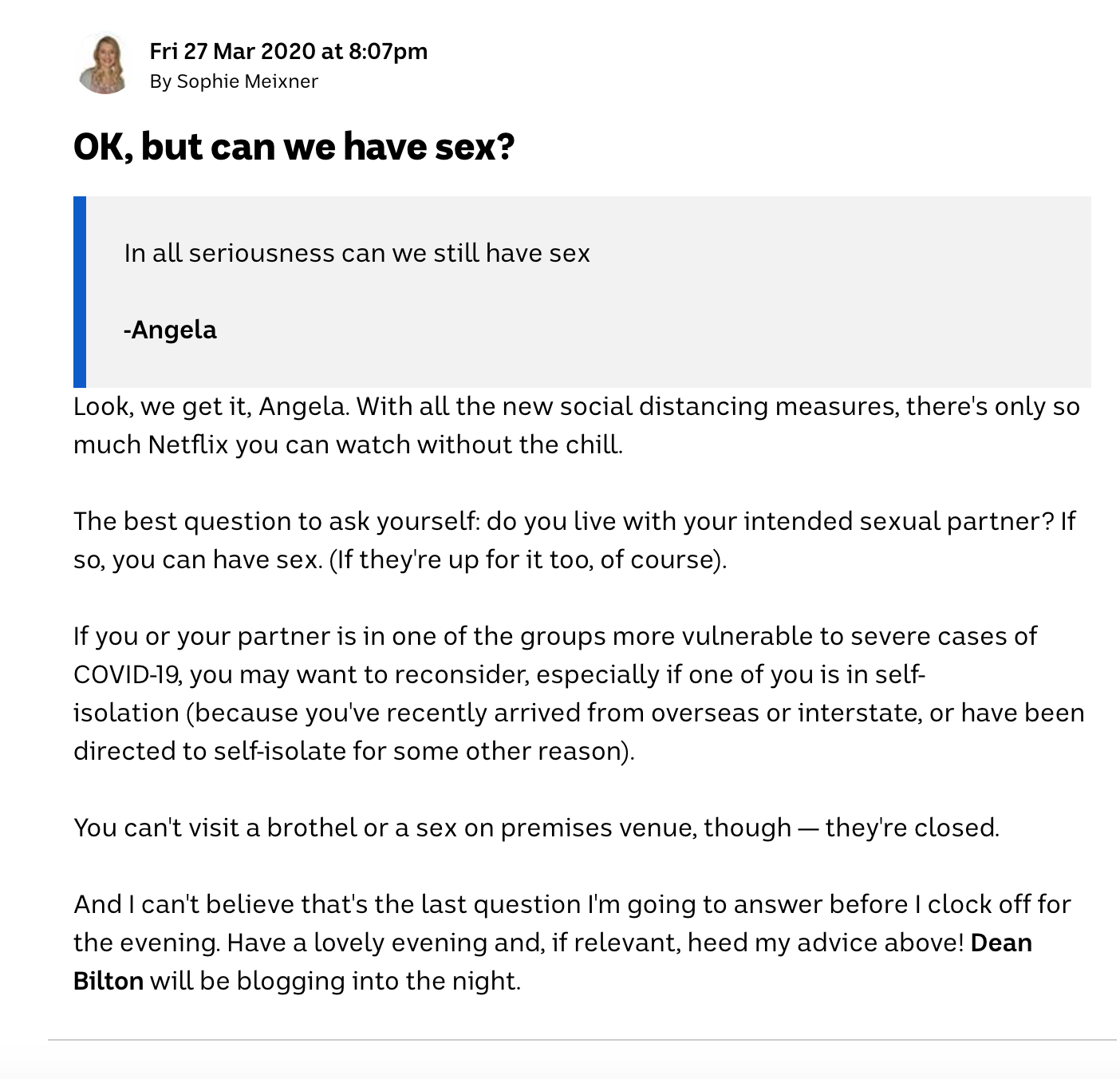 Blog post asking if we can still have sex during coronavirus.