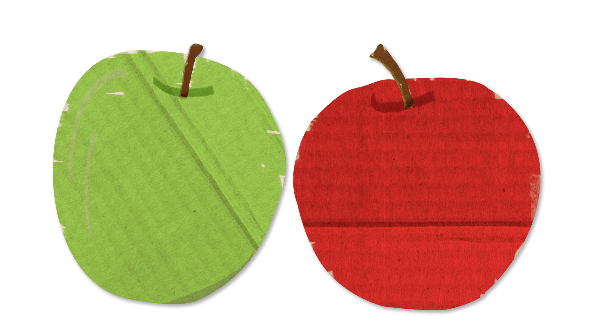 An illustration of a red and a green apple. It looks hand drawn on a cardboard texture.