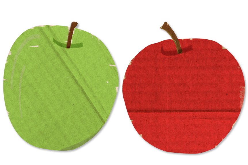 An illustration of a red and a green apple. It looks hand drawn on a cardboard texture.
