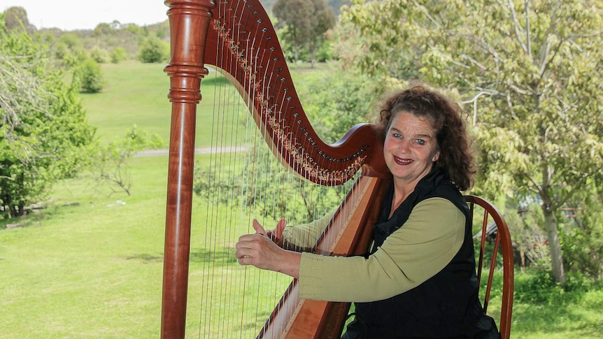 A woman playing a large brown harp with rolling green hills in the background