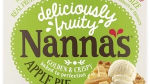 A pie box with the Nanna's logo, promotional text and a picture of a slice of apple pie and ice cream on it