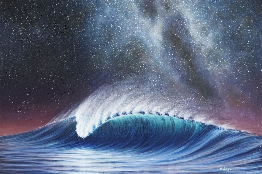 A nightime painting of ocean and a starry sky