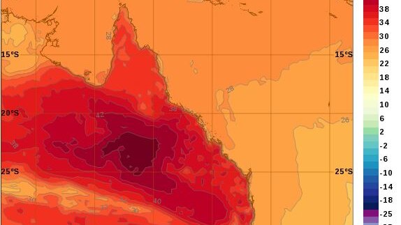 BOM temperature map showing hot conditions across Queensland on Wednesday