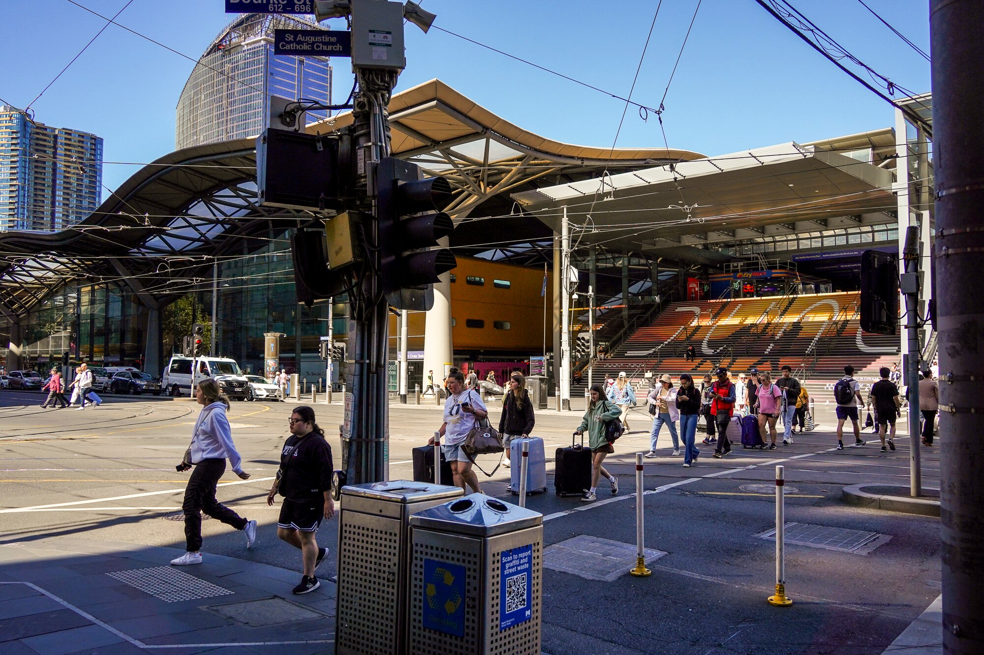 The outside of Southern Cross station from the Spencer St and Bourke St corner