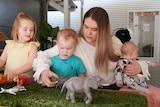 A woman plays with animal toys with her three young children. 