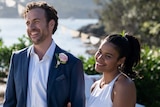 Rafe Spall and Zahra Newman, a young couple on their wedding day, in the film Long Story Short