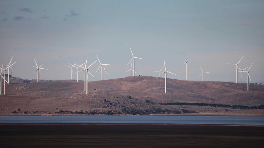 Wind turbines at the Capital Wind Farm stand next to Lake George near Canberra.