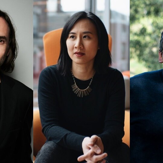 Side by side headshots of the novelists Paul Lynch, Celeste Ng and Christos Tsiolkas
