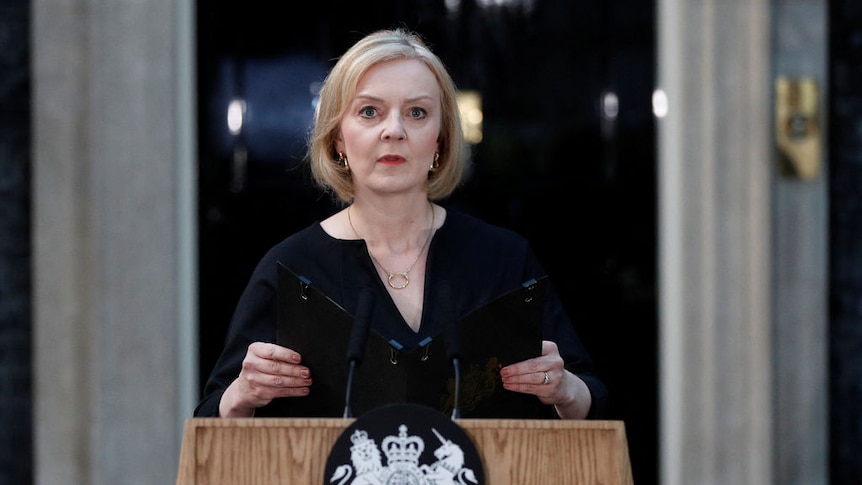 British PM Liz Truss delivers a statement about the Queen's death