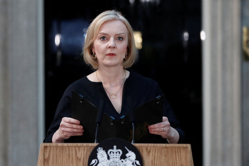 British PM Liz Truss delivers a statement about the Queen's death