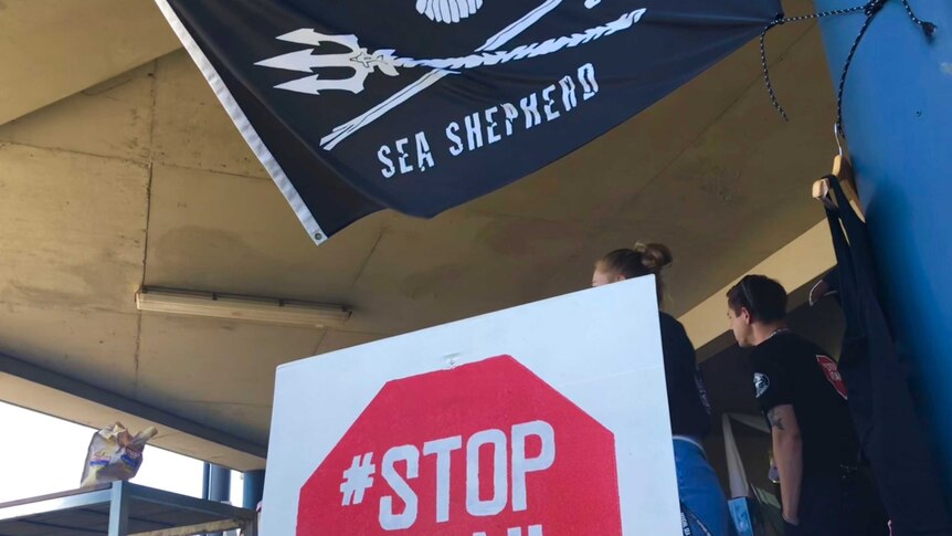 A Stop Adani sign below the Sea Shepherd flag.
