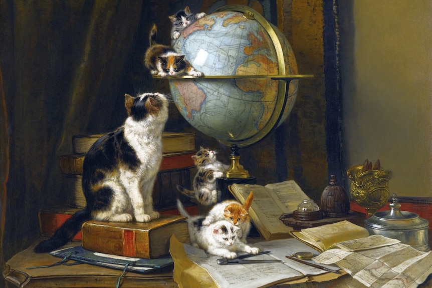 A painting of a cat and five kittens on a table that is covered in papers and has a globe on it that the kittens are playing on.